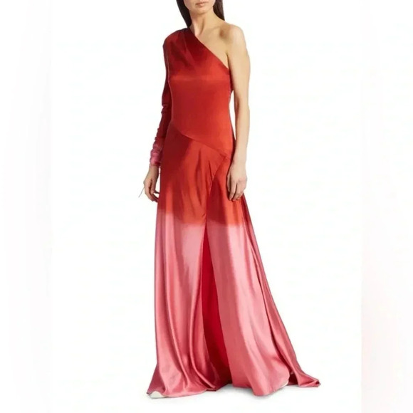 Alejandra Alonso Rojas Dip-Dye Silk One-Shoulder Asymmetrical Gown with/ Train - Picture 3 of 16